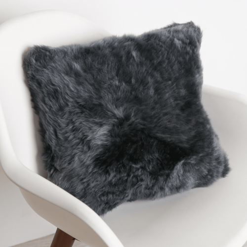 Steel Grey Longwool Cushion On Chair - Sheepskin Cushion Single Sided Longwool Sheepskin - Ozwool.com.au Australian Sheepskin Products